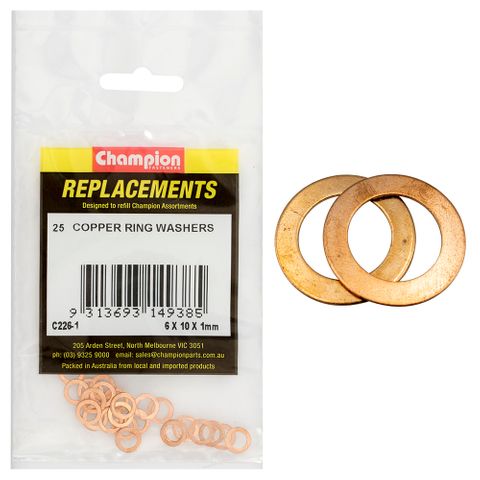 Washers Flat Copper M6x10x1mm Pk25