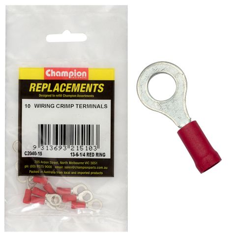 Crimp Terminals Ring Red 6mm Pk10