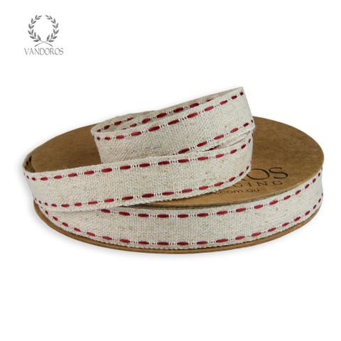 HEMP RIBBON WITH SADDLE STITCH NATURAL/SPICE RED