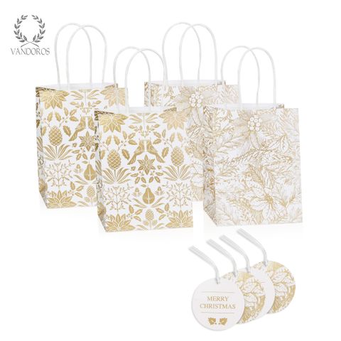 FLEUR DE NOEL GIFT BAG & TAG GOLD/WHITE PACK/4