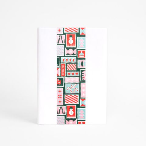 SKINNY WRAP XMAS STAMPS DARK GREEN/PINK/ POPPY RED 80GSM