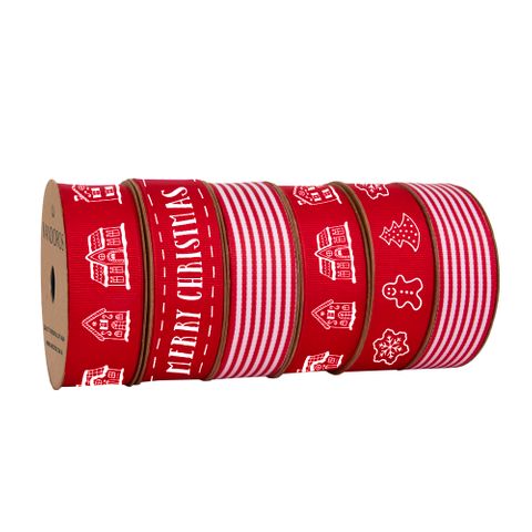 BOX GINGERBREAD HOUSE GROSGRAIN RED/WHITE RIBBON TRAY