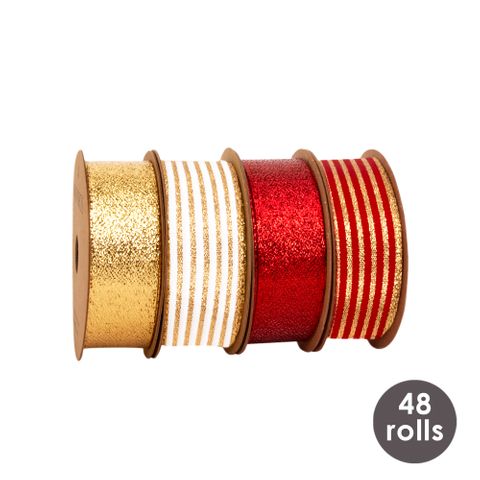 RBOXPIN25RD/GL BOX PINSTRIPE & STELLAR RIBBON TRAY 25mmX3M 48ROLLS