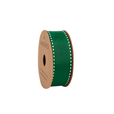 10M ROLL - R10HGS22HG HOT GROSGRAIN STITCH HUNTER GREEN/WHITE 25mmX10M