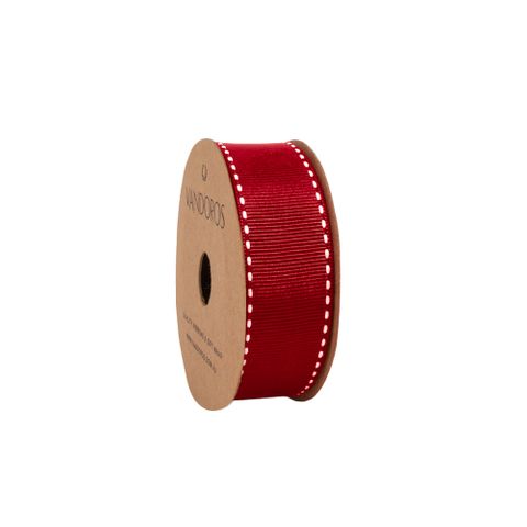 10M ROLL - R10HGS22RD HOT GROSGRAIN STITCH RED/WHITE 25mmX10M