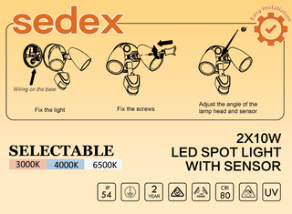 SEDEX 2X10W TWIN 3/4/6K LED SENSOR SPOTBLACK