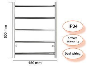 5 BAR Round Heated Towel Rail 40Watt IP34 Silver