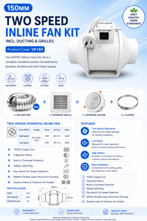150MM TWO SPEED Inline Fan Kit incl. ducting and grilles VORTEX