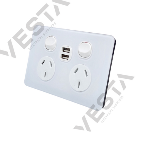 ACG Series 10A Double Socket Hori with 2A USB - Acrylic Cover