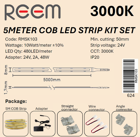 Strip Kit 3000K  10W/m 5meter IP20 COB 480LED/m