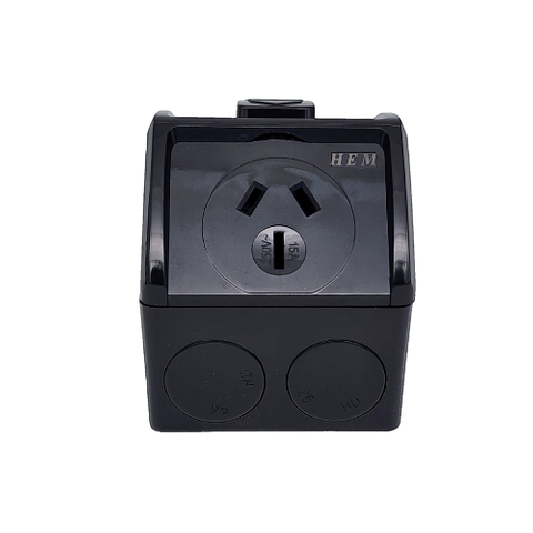 BLACK  15A  Single Socket  Weatherproof IP53 HEM