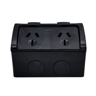 BLACK  15A Double Socket  Weatherproof IP53 HEM