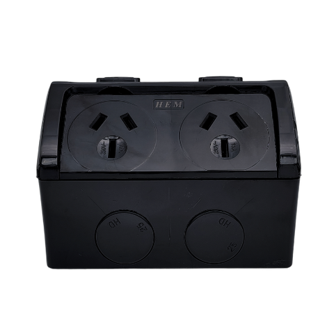 BLACK  15A Double Socket  Weatherproof IP53 HEM