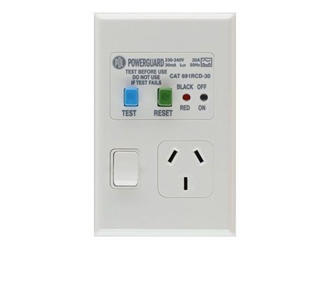 PDL RCD PROTECTED SINGLE VERTICAL SWITCHED SOCKET OUTLET - 10A, 30mA TRIP, WHITE