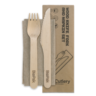 BIOCUTLERY 16CM WOOD KNIFE, FORK & NAPKIN SET CARTON OF 400