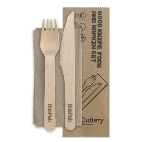 BIOCUTLERY 16CM WOOD KNIFE, FORK & NAPKIN SET CARTON OF 400