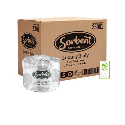 TOILET PAPER - SORBENT LUXURY 3 PLY 225 SHEETS × 48 ROLLS