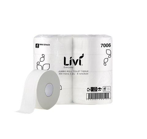 TOILET PAPER - LIVI EVERYDAY JUMBO 2 PLY 300 MTR × 8 ROLLS