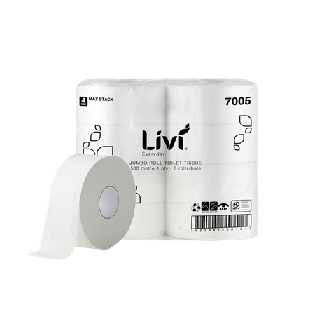 TOILET PAPER - LIVI EVERYDAY JUMBO 1 PLY 500 MTR × 8 ROLLS