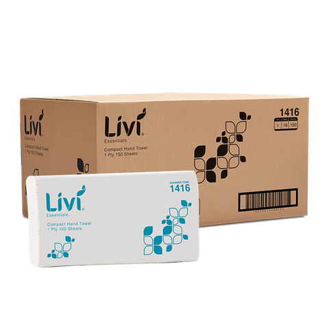 HAND TOWEL - LIVI ESSENTIALS COMPACT 1 PLY 150 SHEETS × 16 PACKS