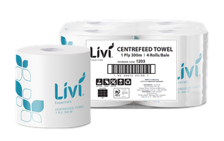 HAND TOWEL - LIVI ESSENTIALS CENTREFEED 1 PLY 300 MTR × 4 ROLLS