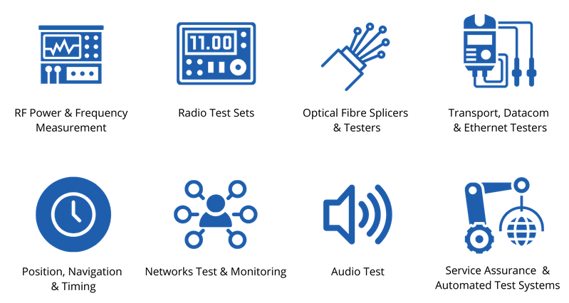 Test and Measurement Specialities: RF Analysers Signal Generators Oscilloscopes & Probes Spectrum Monitoring & Geolocation Meters & Data Acquisition Systems Power Supplies & Electronic Loads Semiconductor Test Systems Probing stations RF Power & Frequency Measurement Radio Test Sets Optical Fibre splicers & testers Transport, Datacom & Ethernet testers Networks Test & Monitoring Position, Navigation & Timing Audio Test Service assurance systems and automated test systems NATA accredited calibration