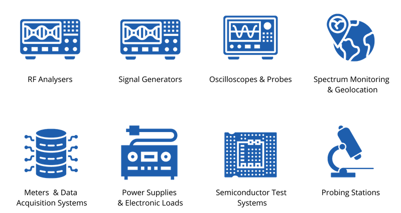 Test and Measurement Specialities: RF Analysers Signal Generators Oscilloscopes & Probes Spectrum Monitoring & Geolocation Meters & Data Acquisition Systems Power Supplies & Electronic Loads Semiconductor Test Systems Probing stations RF Power & Frequency Measurement Radio Test Sets Optical Fibre splicers & testers Transport, Datacom & Ethernet testers Networks Test & Monitoring Position, Navigation & Timing Audio Test Service assurance systems and automated test systems NATA accredited calibration