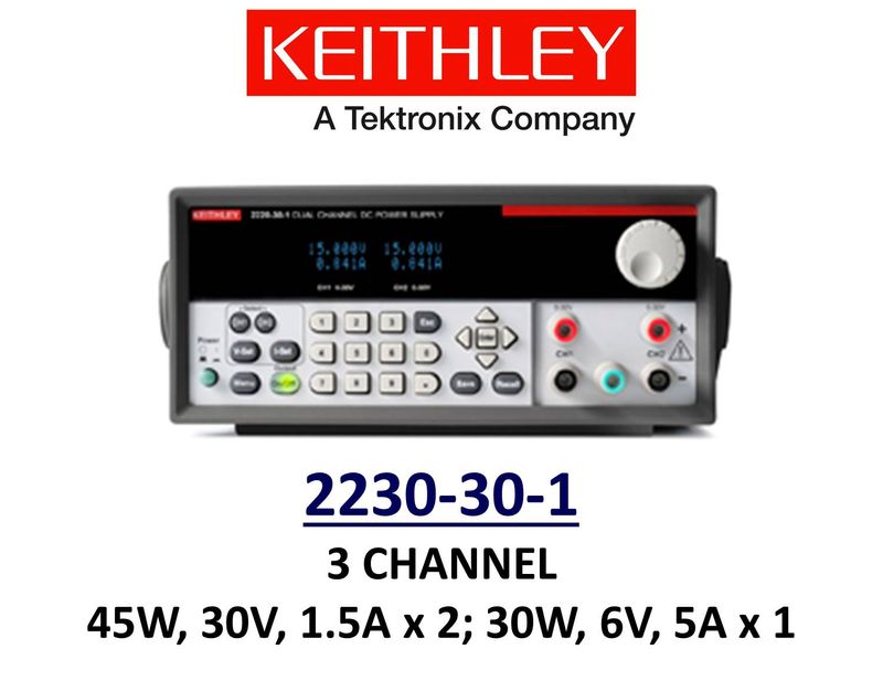 Keithley 2230-30-1 benchtop linear power supply, 2x45w 30v 1.5A, 1x30w 6v 1.5A, low noise, prog.
