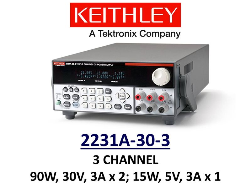 Keithley 2231A-30-3 benchtop linear power supply, 2 ch 90w 30v 3A, 1 ch 15w 5v 3A, programmable