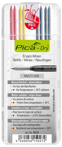 PICA DRY PENCIL REFILL SET, 4 X GRAPHITE, 2 X RED & 2 X YELLOW (8PK)