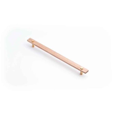 LENAH 288MM CABINET HANDLE - TASMANIAN OAK - FACE CAPS - SATIN BRASS