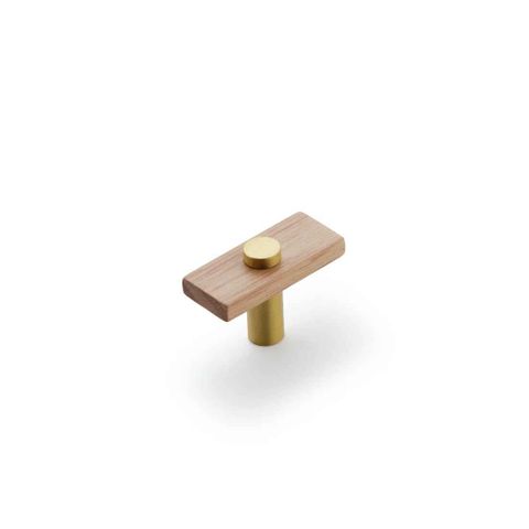 LENAH 50MM T-BAR HANDLE - TASMANIAN OAK - FACE CAPS - SATIN BRASS