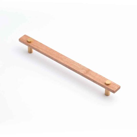 LENAH 224MM CABINET HANDLE - TASMANIAN OAK - FACE CAPS - SATIN BRASS