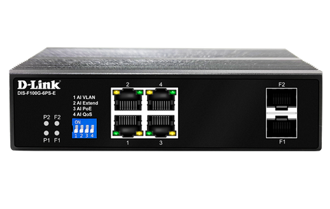 DLINK 6-Port Gigabit Industrial PoE Switch with 4 1000BASE-T Long Reach PoE+ ports and 2 SFP ports. PoE budget 120W