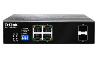 DLINK 6-Port Gigabit Industrial PoE Switch with 4 1000BASE-T Long Reach PoE+ ports and 2 SFP ports. PoE budget 120W