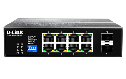 DLINK 10-Port Gigabit Industrial PoE Switch with 8 1000BASE-T Long Reach PoE+ ports and 2 SFP ports. PoE budget 240W