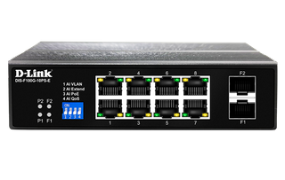 DLINK 10-Port Gigabit Industrial PoE Switch with 8 1000BASE-T Long Reach PoE+ ports and 2 SFP ports. PoE budget 240W