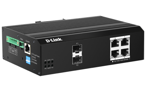 DLINK 6-Port Gigabit Industrial Smart Managed PoE Switch with 4 1000BASE-T Long Reach PoE+ ports and 2 SFP ports. PoE budget 120W