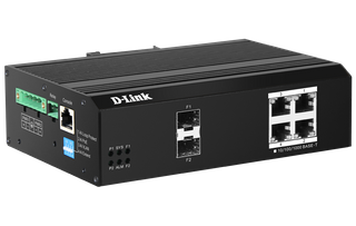 DLINK 6-Port Gigabit Industrial Smart Managed PoE Switch with 4 1000BASE-T Long Reach PoE+ ports and 2 SFP ports. PoE budget 120W