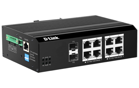 DLINK 10-Port Gigabit Industrial Smart Managed PoE Switch with 8 1000BASE-T Long Reach PoE+ ports and 2 SFP ports. PoE budget 240W