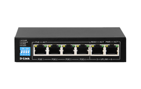 DLINK 6-Port Gigabit PoE Switch with 4 Long Reach PoE Ports and 2 Uplink Ports. PoE budget 60W.