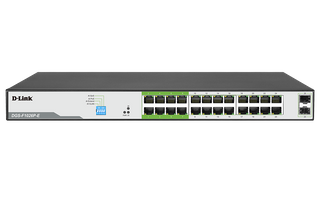 DLINK 26-Port Gigabit PoE Switch with 24 PoE+ Ports (8 Long Reach 250m) and 2 SFP Uplinks. PoE budget 250W.