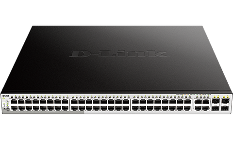 DLINK 52-Port Gigabit WebSmart PoE Switch with 52 RJ45 (48 PoE) and 4 Combo SFP Ports. PoE budget 370W.