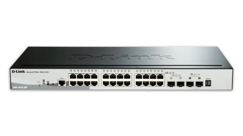 DLINK - 28-Port Gigabit SmartPro Stackable PoE Switch with 24 RJ45, 2 SFP and 2 SFP+ 10G Ports. PoE budget 193W.