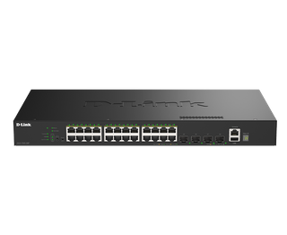 DLINK 28-Port Gigabit Smart Managed Stackable PoE+ Switch with 24 PoE+ 1000Base-T and 4 SFP+ Ports. PoE budget 370W.