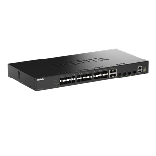 DLINK 28-Port Gigabit Smart Managed Stackable Switch with 24 SFP ports and 4 SFP+ Ports.