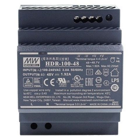2N External power supply for the 2N Clip 2wire-IP (03450-001), DIN-rail mountable, IN: 100-240V AC/3A, OUT: 48V DC/1.92A, rated power 92.2W. Original manufacturer type: Meanwell HDR-100-48. (03479-001)