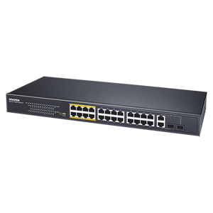 Vivotek Unmanaged 26 port switch, 24 PoE, 2 Gigabit Combo, 8 ports extend mode (250m@10Mbps), PoE Budget 380W, (AW-FGT-260F-380,AUN)