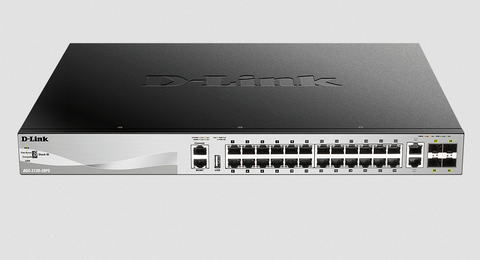 DLINK 30 port Stackable Gigabit PoE+ Switch with 24 1000Base-T PoE/PoE+ ports and 4 10 Gigabit SFP+ ports and 2 10GBASE-T ports. PoE budget 370W (740W with DPS-700).