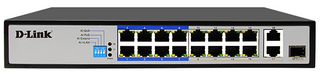 DLINK DES-F1018P-E - 18-Port PoE Switch with 16 10/100Mbps PoE+ Ports (8 Long Reach 250m) and 2 Gigabit Uplinks with Combo SFP. PoE budget 150W.